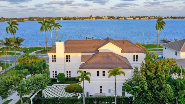 birds eye view of property with a water view