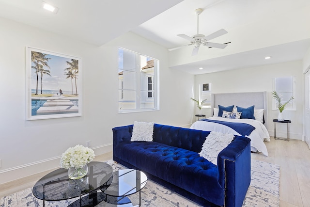 bedroom featuring recessed lighting, wood finished floors, a ceiling fan, and baseboards