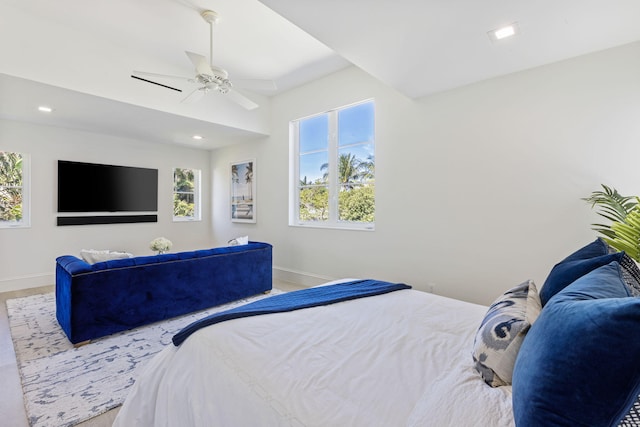 bedroom featuring recessed lighting, wood finished floors, a ceiling fan, and baseboards