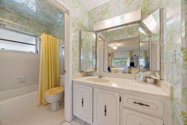 full bathroom with a wealth of natural light, shower / tub combo with curtain, tile patterned floors, and toilet