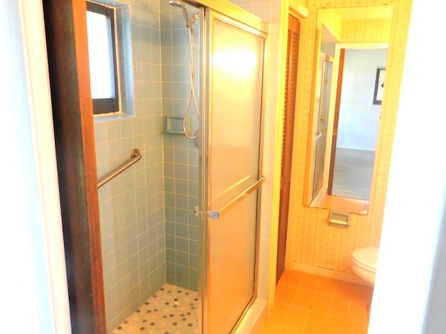 bathroom with tile patterned flooring, toilet, and walk in shower