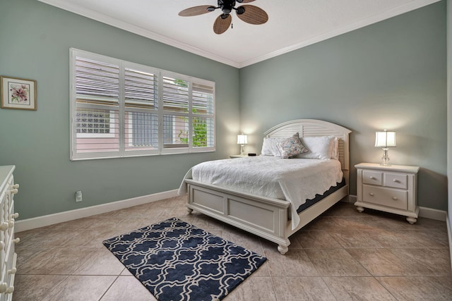 tiled bedroom featuring crown molding and ceiling fan