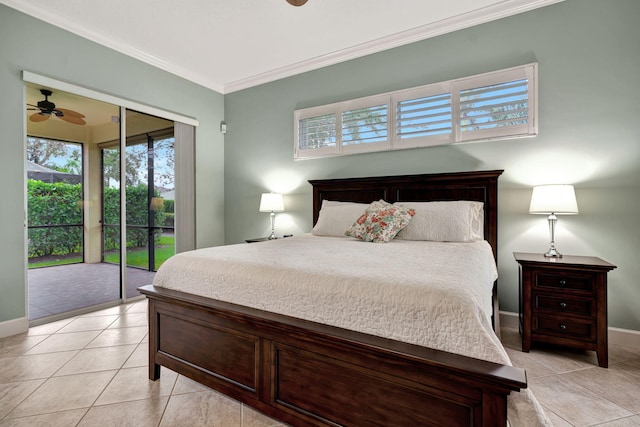 bedroom featuring crown molding, access to outside, and light tile patterned flooring