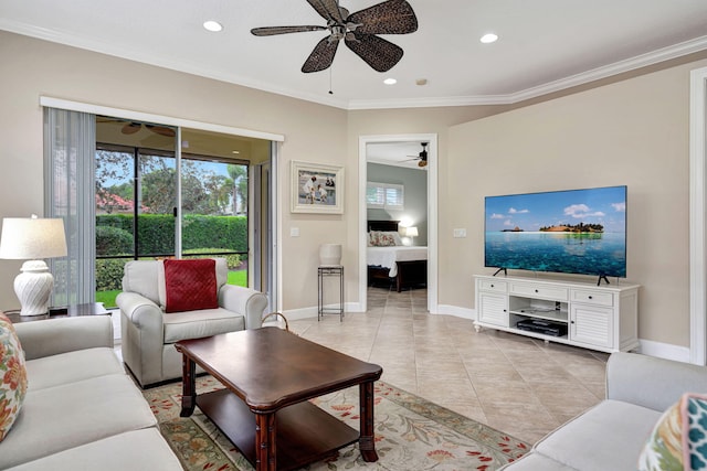 living room with crown molding, light tile patterned floors, and ceiling fan