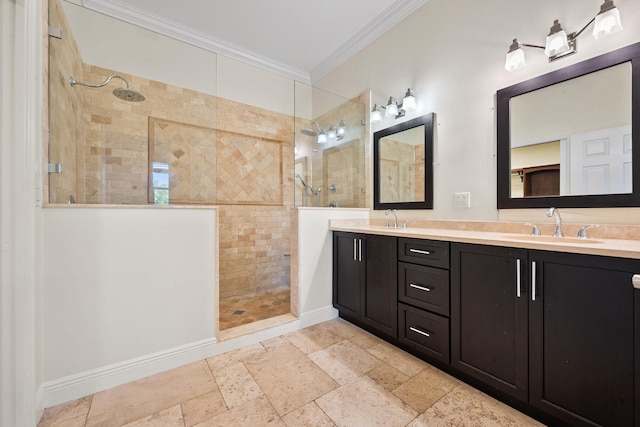 bathroom featuring vanity, tiled shower, and ornamental molding