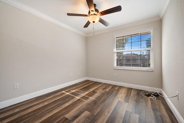 unfurnished room featuring ornamental molding, dark hardwood / wood-style floors, and ceiling fan