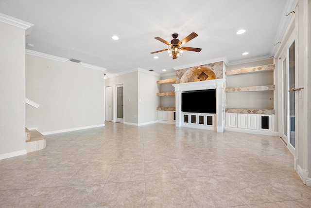 unfurnished living room featuring crown molding and ceiling fan