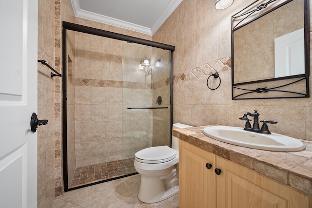 bathroom featuring vanity, an enclosed shower, toilet, and tile patterned flooring