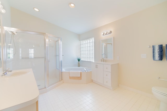 full bathroom featuring vaulted ceiling, toilet, vanity, plus walk in shower, and tile patterned flooring