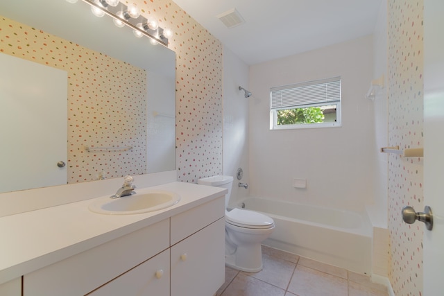 full bathroom with vanity, shower / washtub combination, toilet, and tile patterned floors