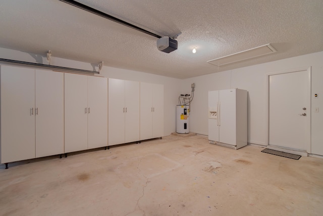 garage with a garage door opener, electric water heater, and white refrigerator with ice dispenser