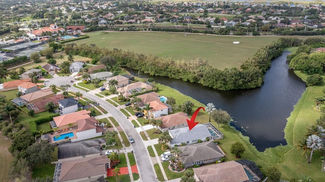 aerial view featuring a water view