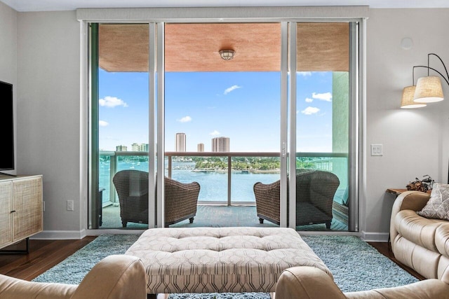 living room featuring a wealth of natural light, dark wood-type flooring, and a water view