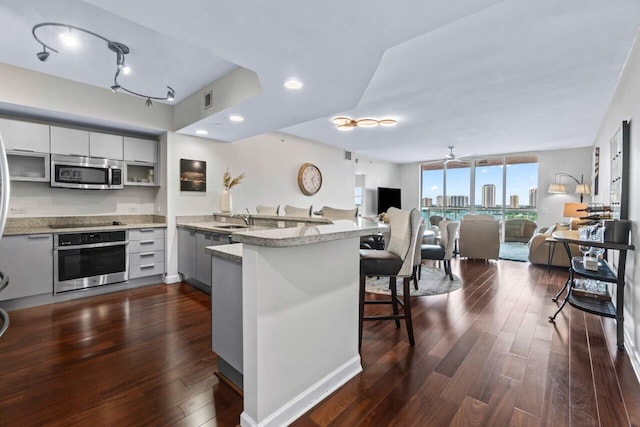 kitchen featuring stainless steel appliances, a kitchen bar, dark wood-type flooring, and kitchen peninsula