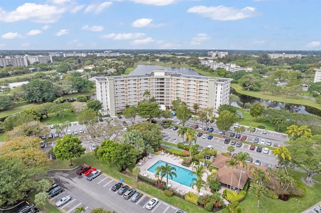 bird's eye view with a water view