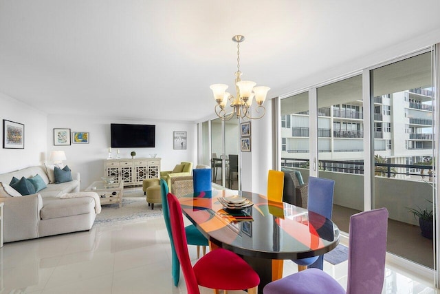 dining space featuring an inviting chandelier, a wall of windows, and light tile patterned floors