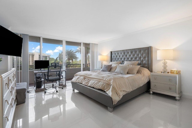 bedroom with access to exterior, ornamental molding, expansive windows, and light tile patterned flooring