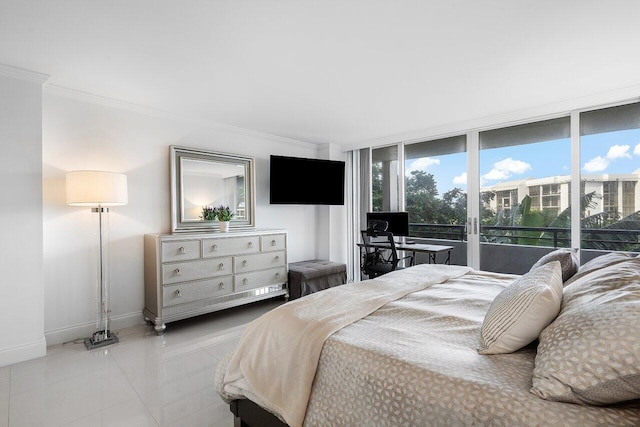 bedroom featuring light tile patterned floors, access to outside, ornamental molding, and floor to ceiling windows