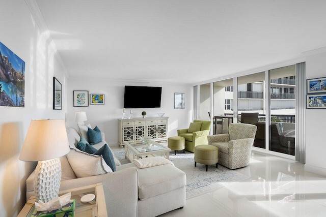 tiled living room with crown molding and floor to ceiling windows