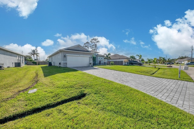 single story home featuring central air condition unit and a front lawn