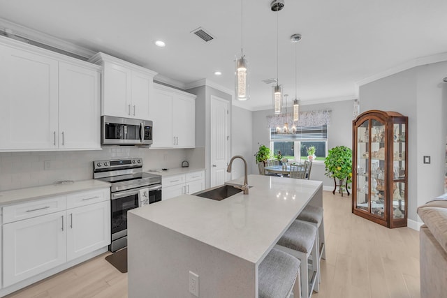 kitchen with sink, an island with sink, and stainless steel appliances