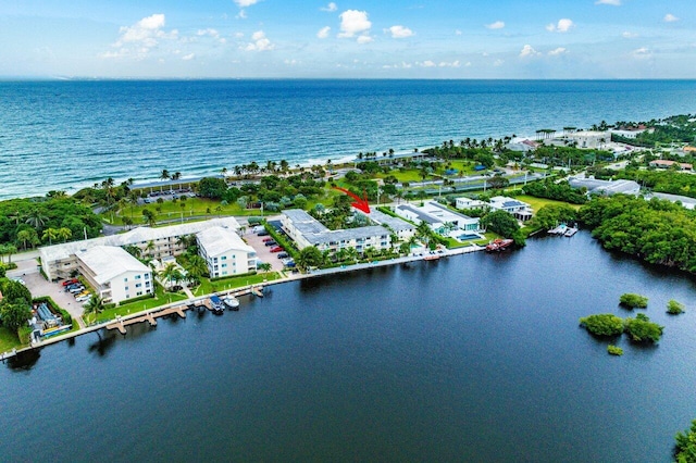 bird's eye view with a water view