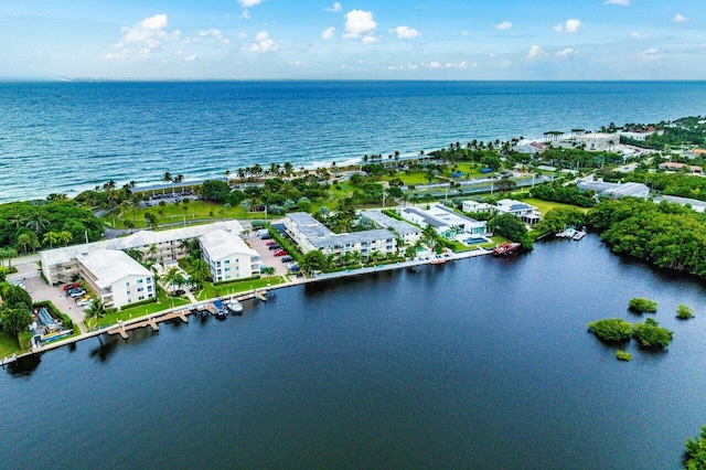 birds eye view of property featuring a water view