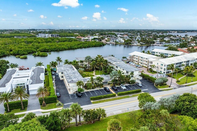 birds eye view of property featuring a water view