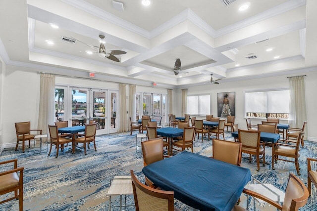 dining area featuring ceiling fan, crown molding, and french doors