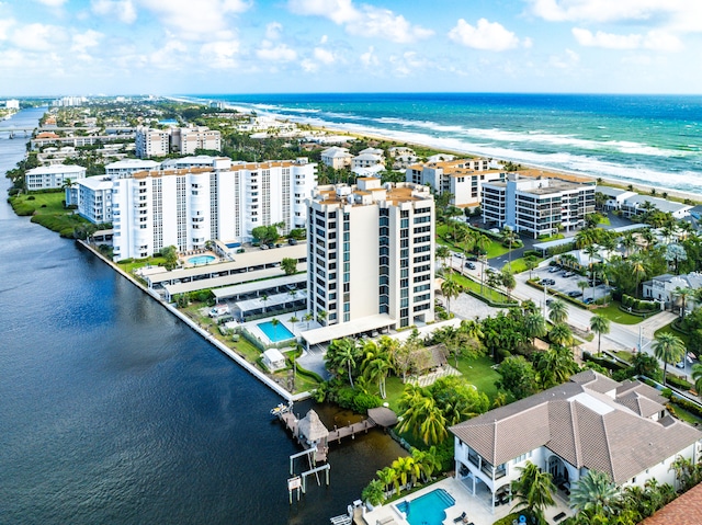 drone / aerial view featuring a water view