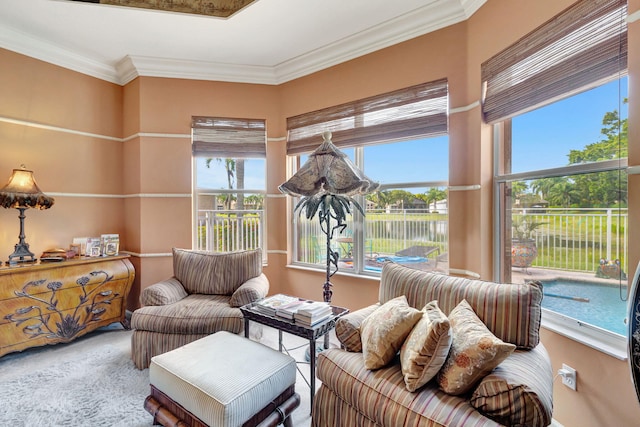 sitting room featuring plenty of natural light, crown molding, and carpet