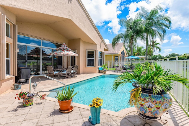 view of pool with a patio area, a fenced backyard, and outdoor dining area