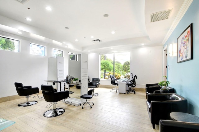 miscellaneous room with plenty of natural light, a raised ceiling, light wood-style flooring, recessed lighting, and ornamental molding