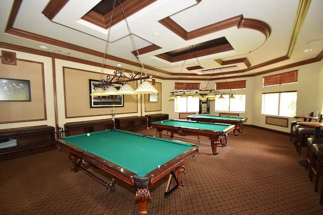 playroom with crown molding, a raised ceiling, and dark colored carpet