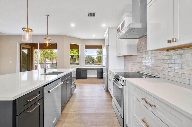 kitchen featuring wall chimney range hood, appliances with stainless steel finishes, white cabinetry, pendant lighting, and sink