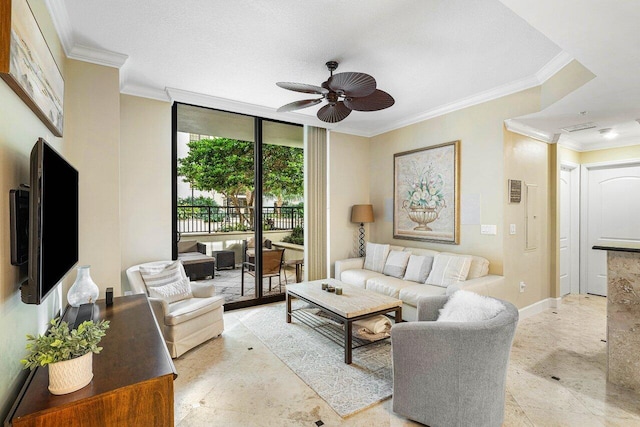 living room with expansive windows, ceiling fan, and crown molding