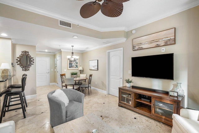 living room featuring crown molding and ceiling fan with notable chandelier