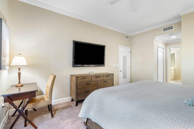 carpeted bedroom with ceiling fan, ornamental molding, and connected bathroom