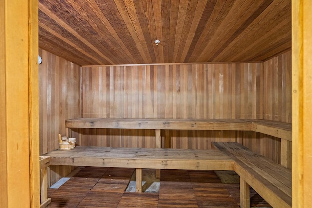 view of sauna with wood walls and wooden ceiling