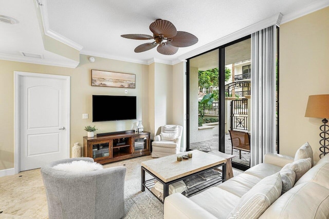 living room featuring crown molding, ceiling fan, and a textured ceiling