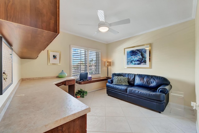 tiled home office with ornamental molding and ceiling fan