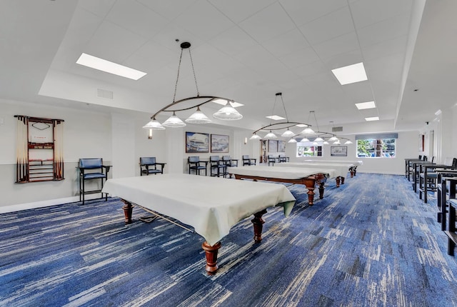 playroom featuring pool table and dark carpet