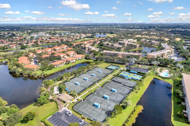 bird's eye view with a water view