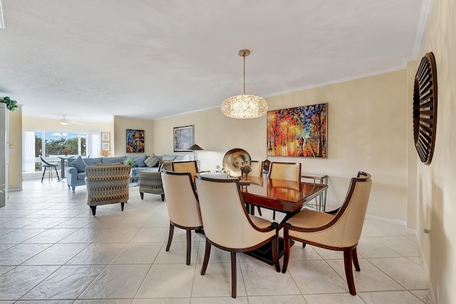 tiled dining room featuring crown molding and a notable chandelier