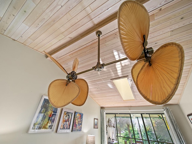 room details with wood ceiling and a skylight