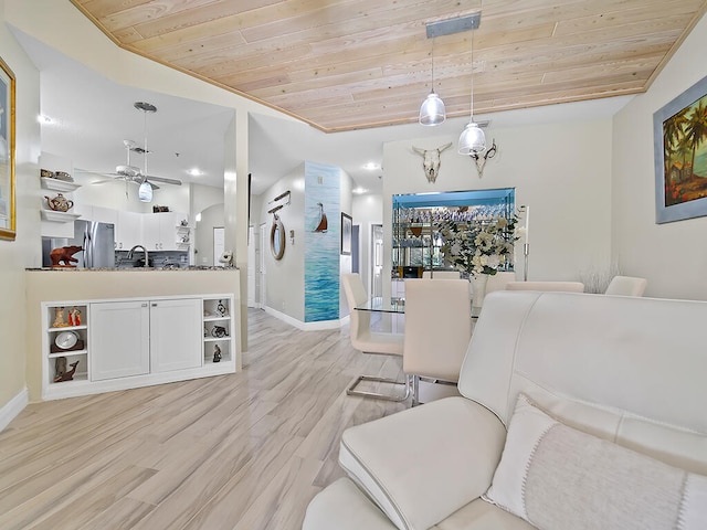 living room featuring light hardwood / wood-style floors, wooden ceiling, and ceiling fan