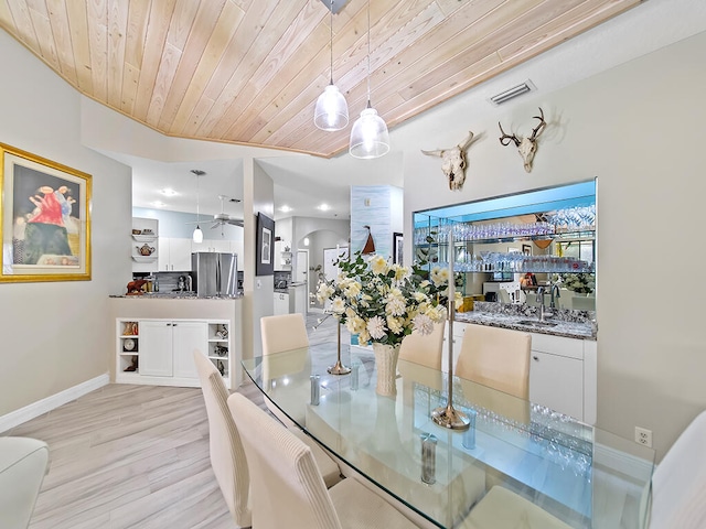 dining space with ceiling fan, wooden ceiling, and light hardwood / wood-style floors