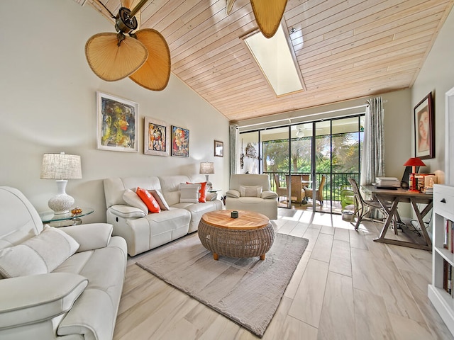 living room with lofted ceiling with skylight, ceiling fan, and wooden ceiling