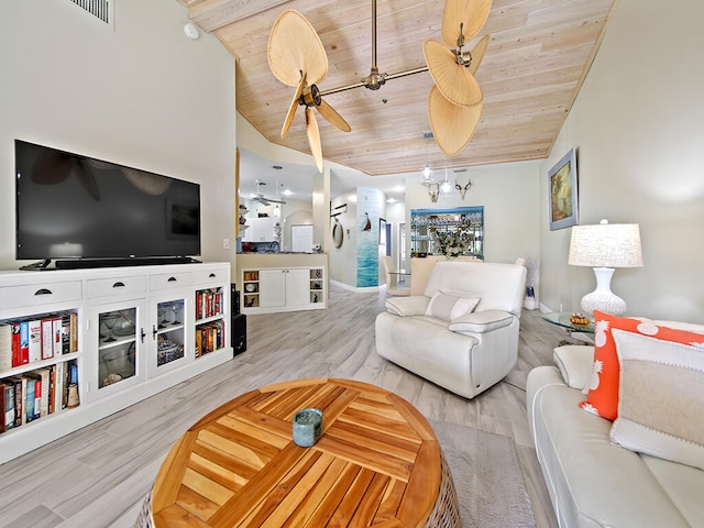 living room with ceiling fan with notable chandelier, lofted ceiling, wood-type flooring, and wood ceiling