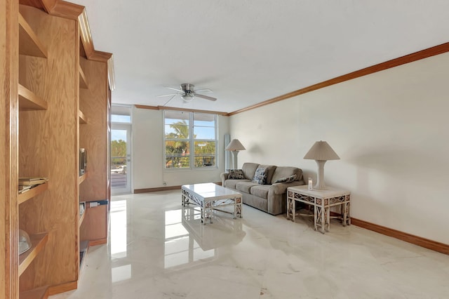 living room with crown molding and ceiling fan